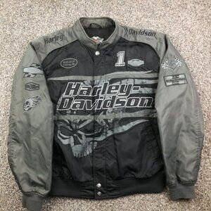 Harley Davidson Jacket Satin Bomber Racing Embroidered Skull Black Mens Large
